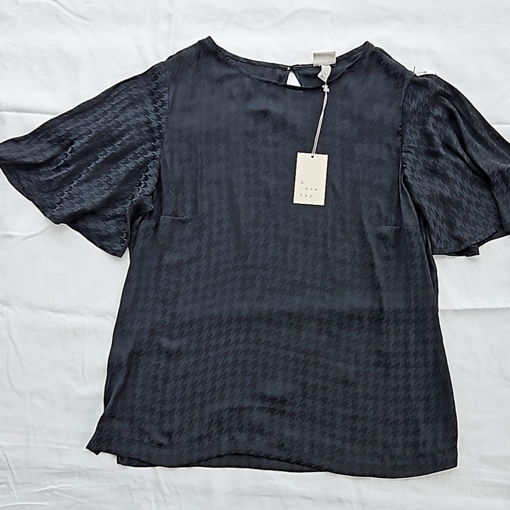 Women's Short Sleeve Houndstooth Print Black Blouse Top Size L New A New Day